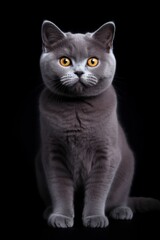 Poster - AI generated illustration of an elegant gray British shorthair cat on a black background