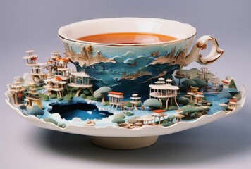 Wall Mural - AI generated illustration of a ceramic tea cup with whimsical, colorful underwater worlds