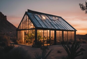 Poster - Peaceful desert landscape featuring a glass cabin illuminated by the setting sun, AI-generated.