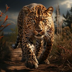 Poster - AI generated illustration of a spotted leopard walking through a landscape of dry golden grass