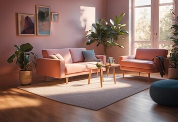 Poster - an image of living room with furniture and plants in pots