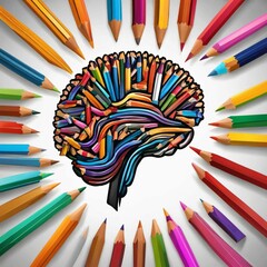 Wall Mural - AI generated illustration of colorful pencils shaped into a human brain surrounded by pencils