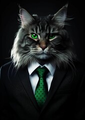 Canvas Print - Close-up view of a white cat wearing a black business suit and a green tie