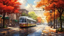  A Painting Of A Trolley On A City Street In The Fall.  Generative Ai