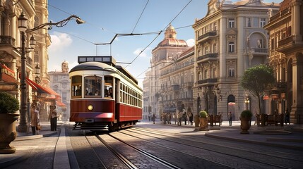 Poster -  a red and white trolley on a city street with buildings in the background.  generative ai