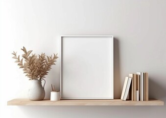 Canvas Print - AI generated illustration of an empty wooden frame on a shelf next to hardcover books