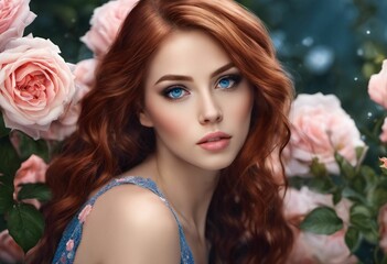 Wall Mural - AI generated illustration of a gorgeous red-haired woman in a lush garden surrounded by pink roses