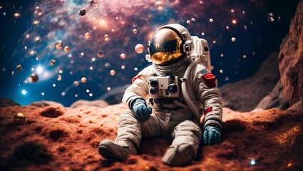 Wall Mural - ai generated illustration of an astronaut on a rocky outcropping, gazing up at the sky with planets