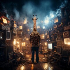 Poster - AI generated illustration of a giraffe standing in front of a wall filled with television sets