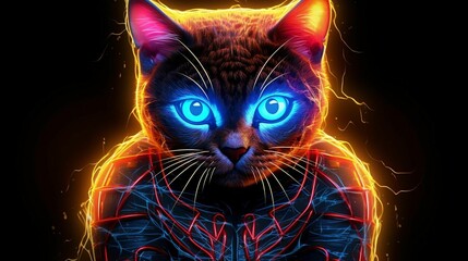 Sticker - AI generated illustration of an adorable cat with blue glowing eyes illuminated by a neon light