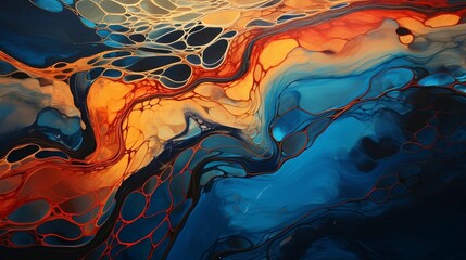 Wall Mural - AI generated illustration of a blue and orange abstract painting with an array of interlacing shapes