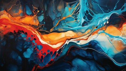 Poster - AI generated illustration of a blue and orange abstract painting with an array of interlacing shapes