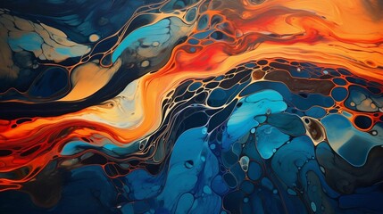 Wall Mural - AI generated illustration of a blue and orange abstract painting with an array of interlacing shapes
