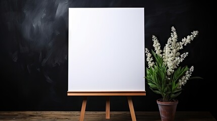 Poster -  a plant and a white canvas on a wooden easel.  generative ai