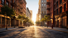 Empty Street At Sunset Time In SoHo District, New York. Ai Generative