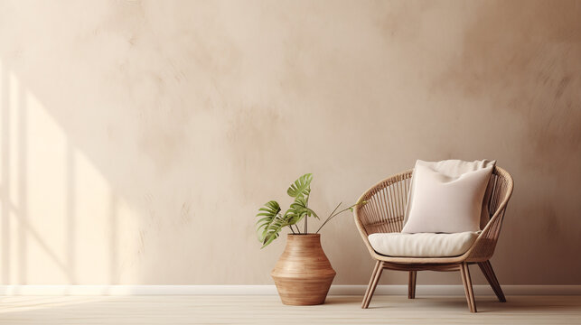 Empty beige wall mockup in boho room interior with wicker armchair and vase. Natural daylight from a window. Promotion background. ai generative