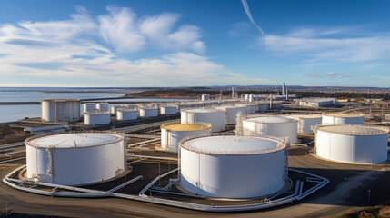 Aerial view oil and gas terminal storage tank farm. ai generative