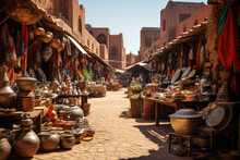A Bustling Street Market In Marrakech, With Vendors Selling Colorful Textiles And Aromatic Spices, Immersing Visitors In Moroccan Culture. Generative Ai.