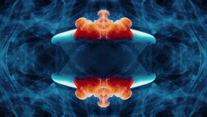 Wall Mural - Illustration abstract background of orange fire on blue mirrored symmetric fractal pattern