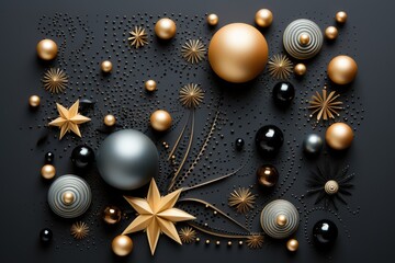 Wall Mural - Fancy golden and black christmas background with ornaments. Greeting card mockup