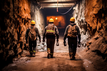 Wall Mural - group mining workers walks through tunnel coal mine