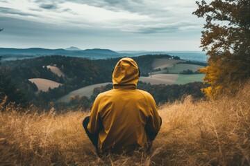 Wall Mural - Backview of a man sitting on the hill in the autumn mountains. Meditation, tranqulility, relaxation, mental health concept