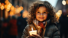 Cute Toddler Girl Holding A Burning Candle At A Christmas Carol, Girl Celebrating Christmas At A Street Party, Night, Joy And Coziness. 