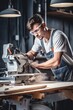 © piai - Young male carpenter builder working with a wooden bar with a milling machine in the workshop. Generative AI