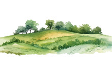 Watercolor Field On Small Hills. Meadow Green Grass. Vector Illustration Design.