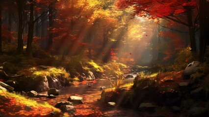 Wall Mural - illustration of landscape of red petal flowers falling on sunny park with autumn trees and a stream