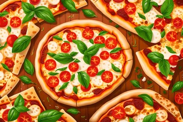 Wall Mural - pizza with vegetables, Tasty top view sliced pizza Italian traditional round pizza, oozing with melted mozzarella cheese and adorned with fresh basil leaves.