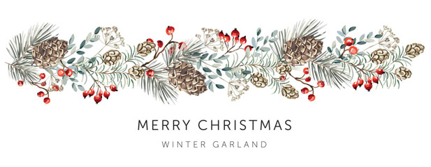 Wall Mural - winter nature design garland, text merry christmas, white background. green pine, fir twigs, cedar c