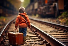 Boy With A Suitcase On Railway