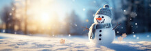 Cute Snowman With Snow, Background Image Of Winter Landscape With Copyspace