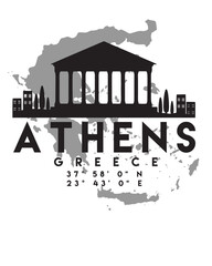 Poster - Vector illustration of the Athens city skyline silhouette on the map with the coordinates