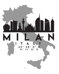 Canvas Print - Vector illustration of the Milena city skyline silhouette on a map with the coordinates