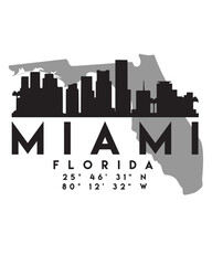 Poster - Vector illustration of the Miami city skyline silhouette on a map with the coordinates