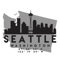 Canvas Print - Vector illustration of the Seattle city skyline silhouette on a map with the coordinates