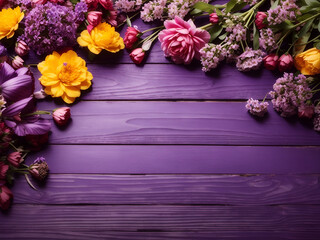 Wall Mural - Garden flowers over purple wooden table background. Backdrop with copy space