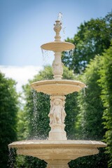 Poster - Picturesque fountain in a lush green park, surrounded by trees and foliage