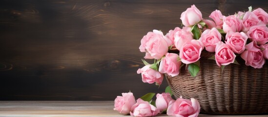 Wall Mural - Shabby chic flower arrangement with pink roses on vintage wooden table Suitable for holiday gifting