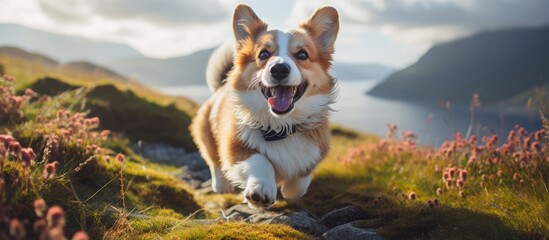 Canvas Print - Happy purebred corgi dog enjoys cozy time at home on sofa in living room during the day exemplifying animal joy care and happiness