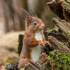 Poster - Adorable red squirrel perched atop a wooden log in a natural outdoor setting.