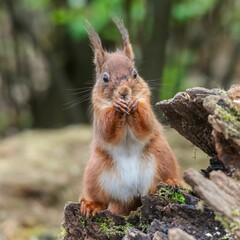 Wall Mural - Adorable red squirrel perched atop a wooden log in a natural outdoor setting.
