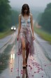 Woman Walking Rainy Road with Pink Dripping