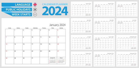 Wall Mural - Wall calendar planner for 2024. English language, week starts from Sunday.