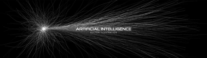 Artificial intelligence development and expansion futuristic concept. Quantum computing technologies. Global impact of AI. Neural network, cyber circuit, fiber optics, big data. Vector illustration