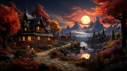 Wall Mural - Autumn: Fall September, October and November Foliage, Tranquil Forests, and Countryside and Urban - Discover Vibrant Woodlands, Cozy Harvest Scenes, and Serene Halloween Adventure, Colorful Tree View