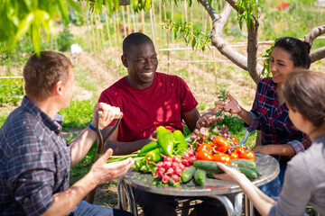 Wall Mural - Happy farmers talking while sitting at table in the garden