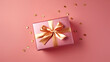© ADDICTIVE STOCK - Generative AI illustration of pink gift with bright orange bow and ribbon placed on pink background near confetti